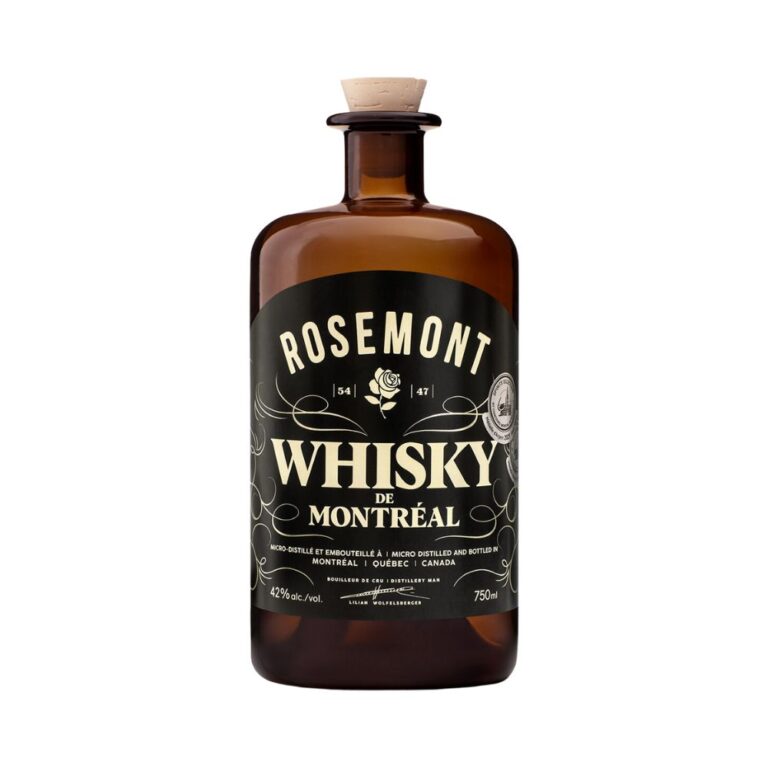Bouteille de whisky de Montréal Rosemont 750 ml, distillée à Montréal, Canada. Étiquette noire avec motifs dorés et inscriptions blanches, micro-distillation. Whisky à 42 % d’alcool, bouchon en liège. Disponible sur Le Club des Connaisseurs.