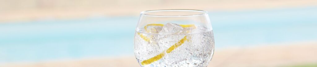 Quel gin choisir ? Verre de gin tonic avec glaçons et zestes de citron, posé en extérieur près d'une piscine, cocktail rafraîchissant pour l'été. Le Club des Connaisseurs