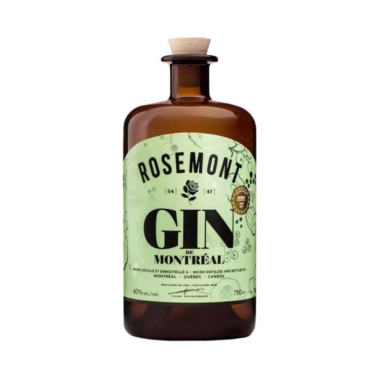Bouteille de gin de Montréal Rosemont 750 ml, distillée à Montréal, Canada. Étiquette verte avec illustrations botaniques et inscriptions noires, micro-distillation. Rhum à 40 % d’alcool, bouchon en liège. Disponible sur Le Club des Connaisseurs