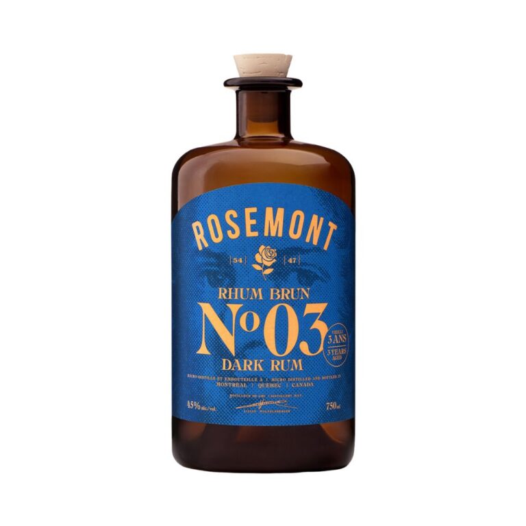 Bouteille de rhum vieux Rosemont N°03 sur fond blanc. Étiquette bleue avec inscriptions dorées indiquant un vieillissement de 5 ans et un taux d’alcool de 45 %. Bouchon en liège avec un col en verre foncé. Le Club des Connaisseurs