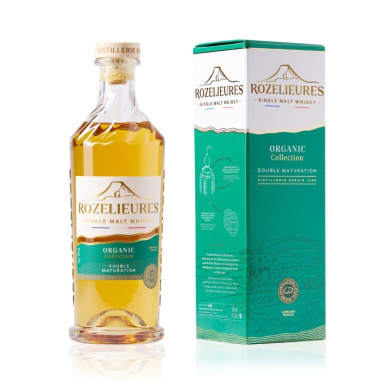 Packshot du whisky Rozelieures Organic Collection Double Maturation avec son étui sur fond blanc. La bouteille et son coffret vert et blanc sont alignés, mettant en avant l'identité visuelle du produit. Le Club des Connaisseurs.