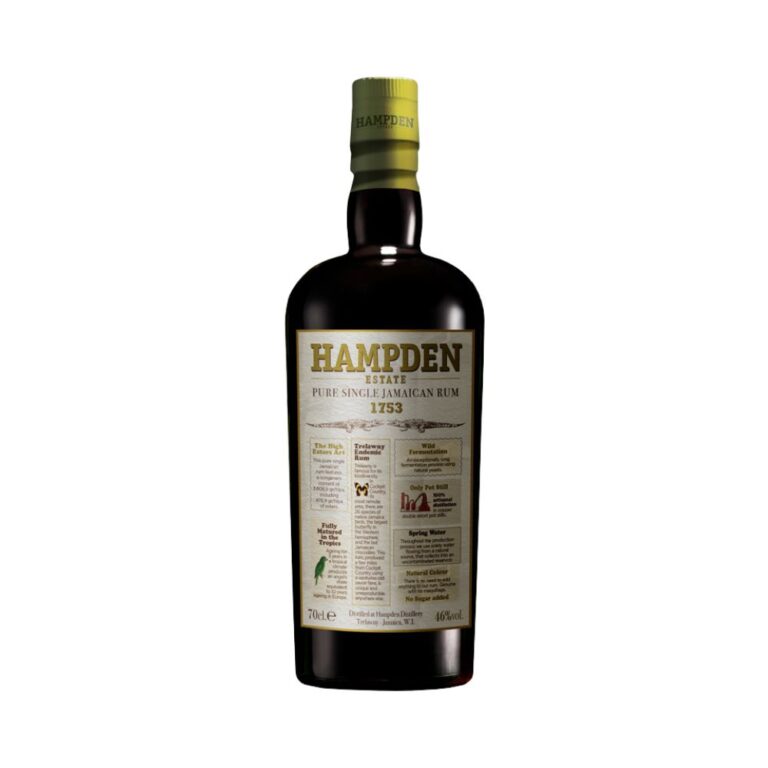 Packshot de la bouteille de rhum Hampden Estate Pure Single Jamaican Rum 1753, rhum jamaïcain haut de gamme 70 cl à 46 % vol visuel sur fond blanc Le Club des Connaisseurs