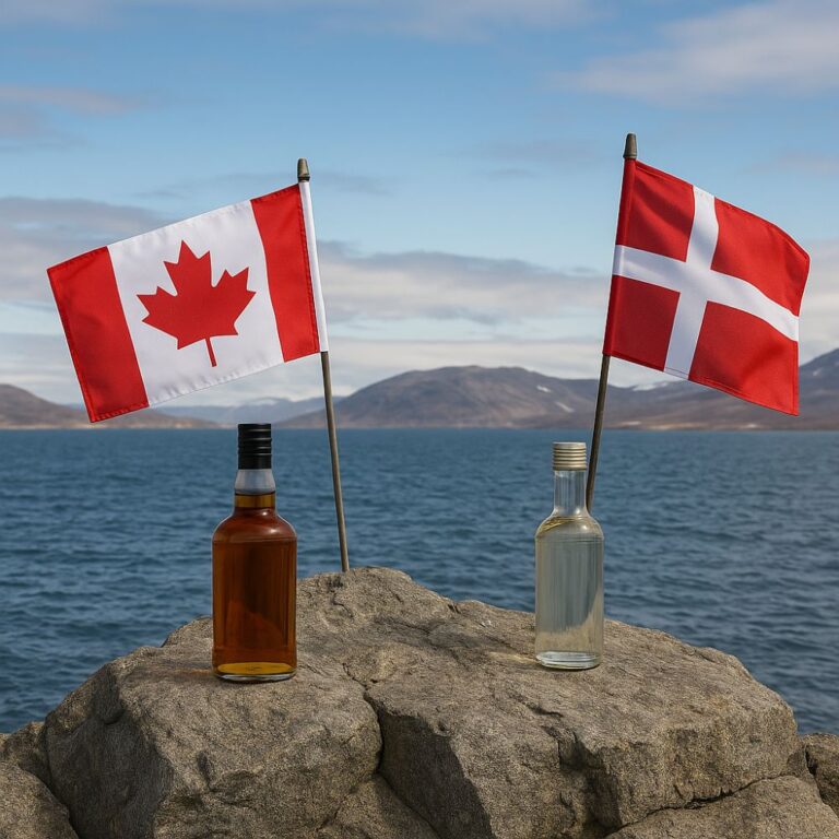 Miniature article La Guerre du whisky : Deux bouteilles d’alcool posées surl'île d'Hans en bord de mer, accompagnées des drapeaux du Canada et du Danemark, avec un paysage de montagnes en arrière-plan. Le Club des Connaisseurs.