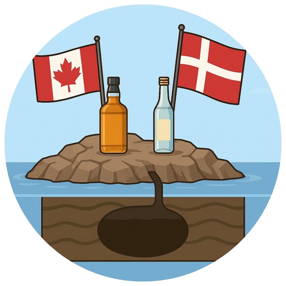 Illustration article La Guerre du whisky : deux bouteilles d’alcool posées sur un rocher au milieu de la mer, avec les drapeaux du Canada et du Danemark, et un gisement de pétrole souterrain. Le Club des Connaisseurs.