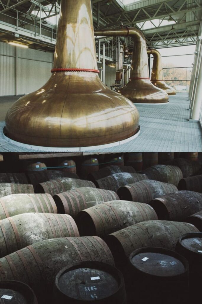 2 photos avec trois alambics en cuivre de la distillerie Midleton Redbreast avec un sol en métal grillagé et une rangées de fûts de vieillissement en bois dans un chai sombre. Le Club des Connaisseurs. Photo par Redbreast