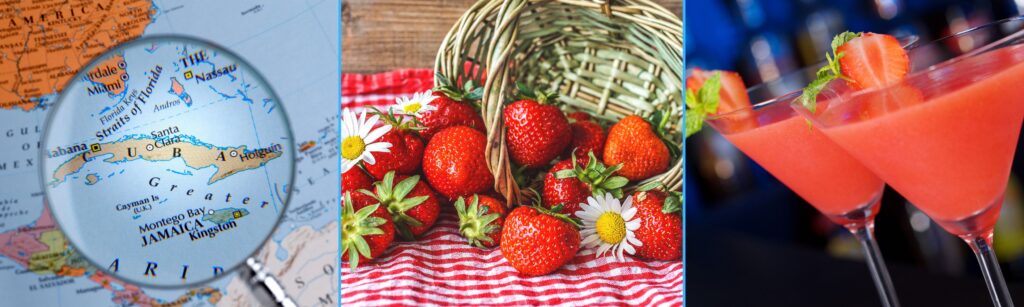 Bannière cocktail Daiquiri fraise à base de rhum cubain à la fraise, carte des Caraïbes avec Cuba, fraises fraîches et cocktail rouge en verre à martini.