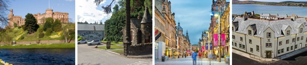 Image bannière article La route du whisky en Écosse : Montage de lieux emblématiques d’Écosse liés au whisky : château d’Inverness, distillerie Aberlour, centre-ville de Glasgow et hôtel sur l'île d’Islay, pour illustrer l’univers du whisky écossais.