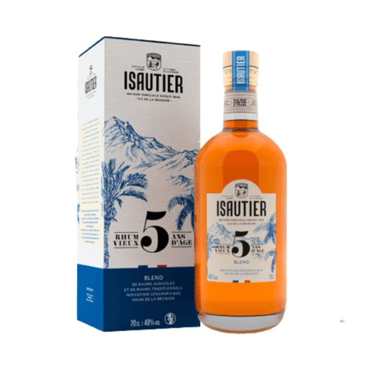 Packshot bouteille avec étui Isautier rhum vieux 5 ans sur fond blanc - Le club des connaisseurs