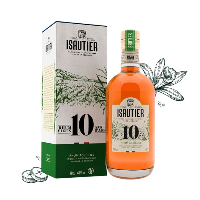 Packshot bouteille avec étui Isautier rhum vieux 10 ans sur fond blanc - Le club des connaisseurs