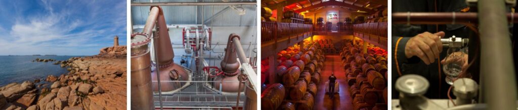 Bannière photos pour l'article de blog du Club des Connaisseurs, paysage de Bretagne, alambics Armorik, chais distillerie des menhirs et dégustation de whisky